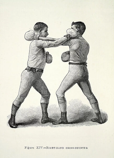 Two boxers, boxing positions, right hand cross counter punch, Victorian combat sports, 19th Century