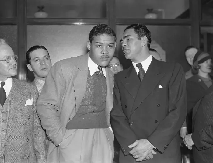 Framed Print : Boxers Max Schmeling Whispering to Joe Louis Framed Print : Boxers Max Schmeling Whispering to Joe Louis