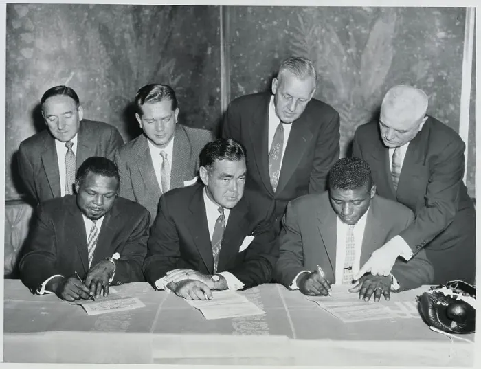 Framed Print : Boxers Moore and Patterson Signing Contracts Framed Print : Boxers Moore and Patterson Signing Contracts