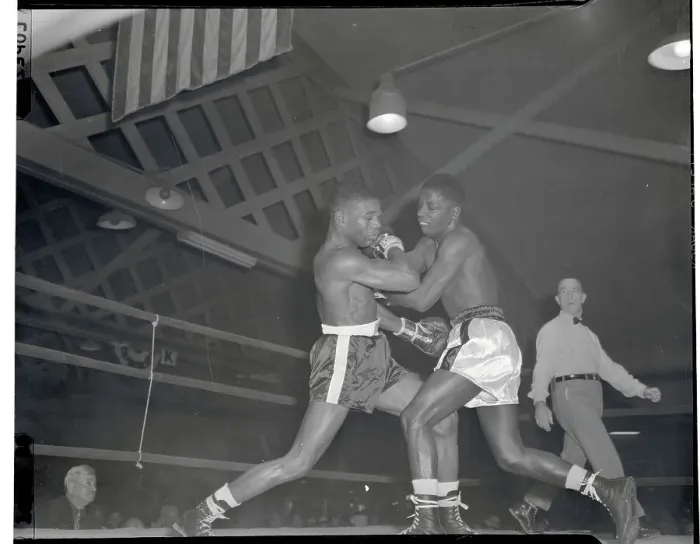 Framed Print : Boxers Teddy Davis and Percy Bassett in Action Framed Print : Boxers Teddy Davis and Percy Bassett in Action