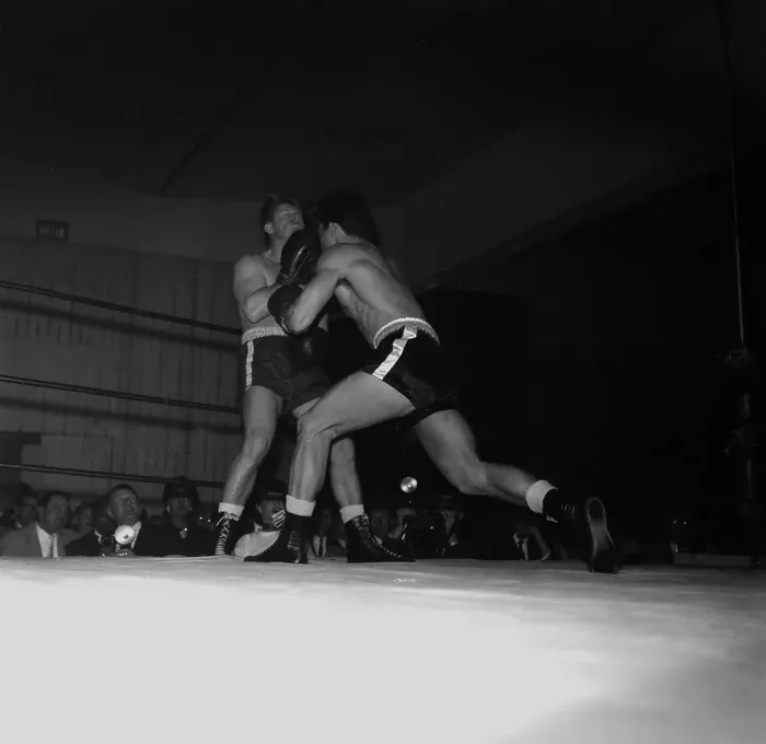 Framed Print : Boxing. LOS ANGELES, CA - CIRCA 1957: A view of two boxers in a boxing Framed Print : Boxing. LOS ANGELES, CA - CIRCA 1957: A view of two boxers in a boxing