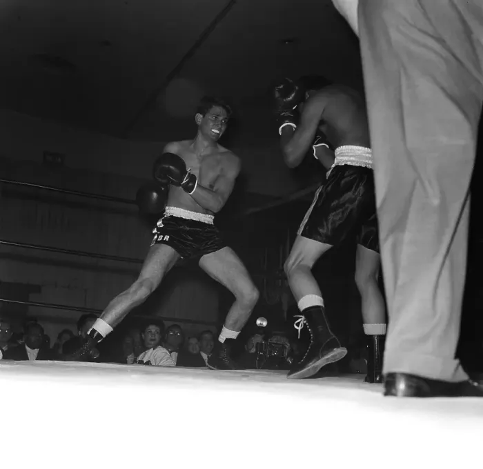 Framed Print : Boxing. LOS ANGELES, CA - CIRCA 1957: A view of two boxers in a boxing Framed Print : Boxing. LOS ANGELES, CA - CIRCA 1957: A view of two boxers in a boxing