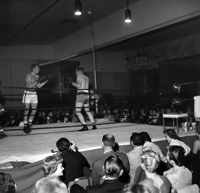 Framed Print : Boxing. LOS ANGELES, CA - CIRCA 1957: A view of two boxers in a boxing Framed Print : Boxing. LOS ANGELES, CA - CIRCA 1957: A view of two boxers in a boxing