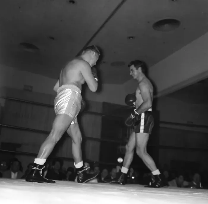Framed Print : Boxing. LOS ANGELES, CA - CIRCA 1957: A view of two boxers in a boxing Framed Print : Boxing. LOS ANGELES, CA - CIRCA 1957: A view of two boxers in a boxing