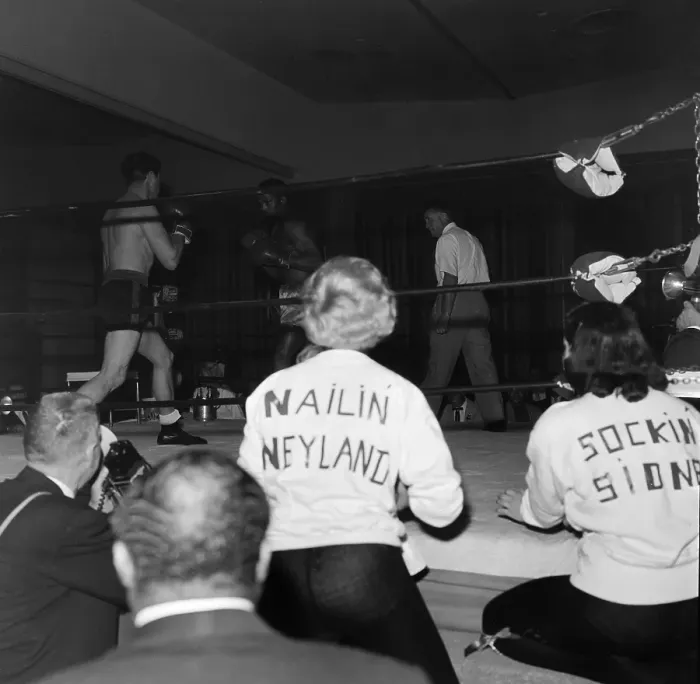 Framed Print : Boxing. LOS ANGELES, CA - CIRCA 1957: A view as two women wear sweat shirt Framed Print : Boxing. LOS ANGELES, CA - CIRCA 1957: A view as two women wear sweat shirt
