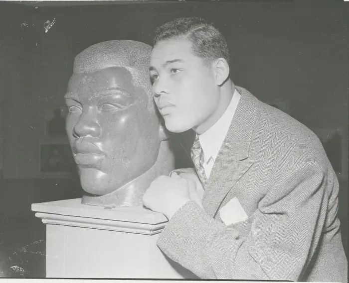 Framed Print : Boxing Champion Joe Louis Posing Besides His Bust Framed Print : Boxing Champion Joe Louis Posing Besides His Bust