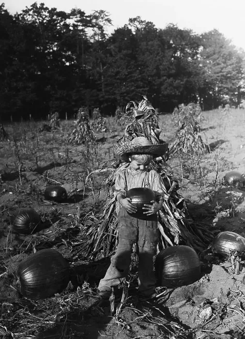 Framed Print : Boy (6-7 years) carrying pumpkin in field. August 05, 1925 Framed Print : Boy (6-7 years) carrying pumpkin in field. August 05, 1925