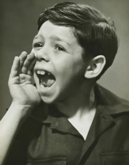 Framed Print : Boy (8-9) yelling in studio, (B&W), portrait Framed Print : Boy (8-9) yelling in studio, (B&W), portrait