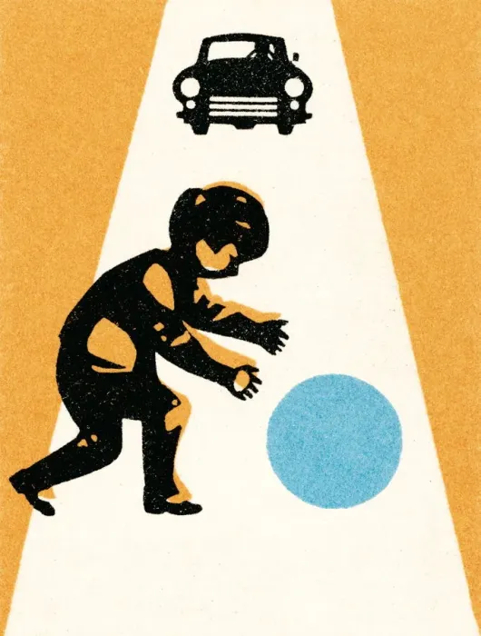 Framed Print : Boy with ball in street; car approaching Framed Print : Boy with ball in street; car approaching