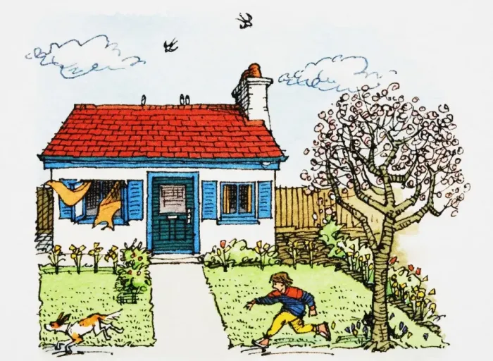 Framed Print : Boy chasing pet dog in garden of cottage-style house on chilly day Framed Print : Boy chasing pet dog in garden of cottage-style house on chilly day