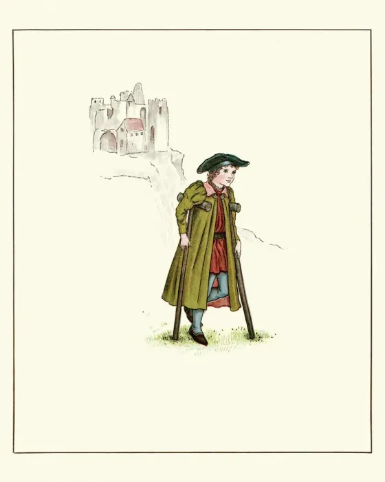 Framed Print : Boy on crutches following the pied piper Framed Print : Boy on crutches following the pied piper