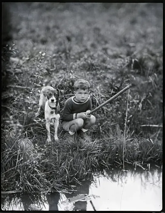 Framed Print : Boy with Dog Fishing Framed Print : Boy with Dog Fishing
