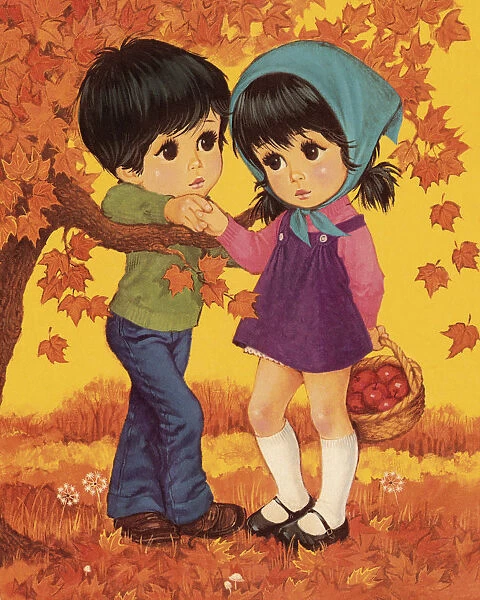Boy and Girl in Autumn Scene