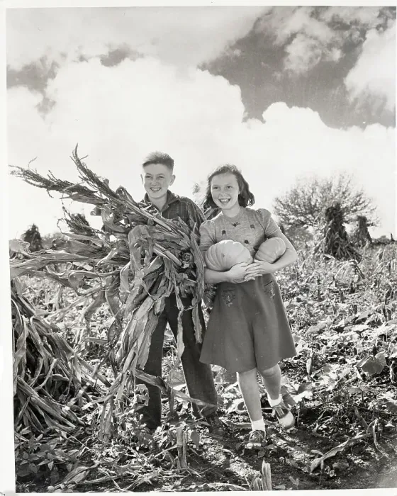 Framed Print : Boy and Girl Carrying Corn and Pumpkins Framed Print : Boy and Girl Carrying Corn and Pumpkins