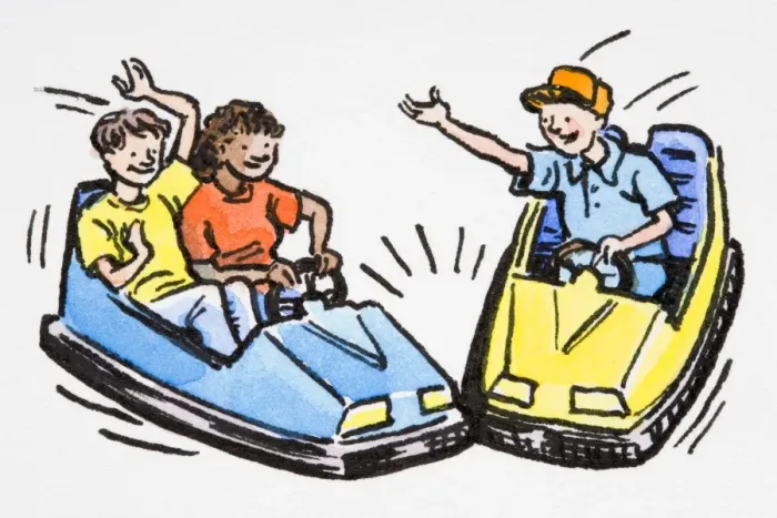 Framed Print : Boy and girl in dodgem, single boy in second dodgem Framed Print : Boy and girl in dodgem, single boy in second dodgem