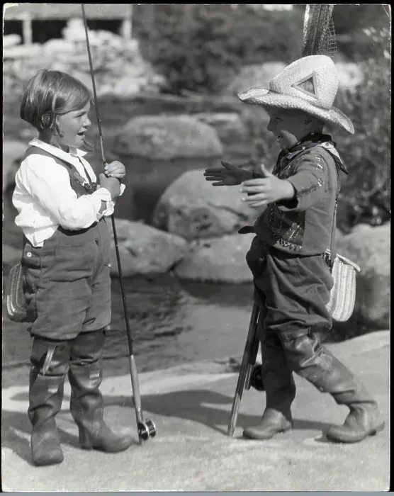 Framed Print : Boy And Girl Dressed In Fly-Fishing Gear Framed Print : Boy And Girl Dressed In Fly-Fishing Gear