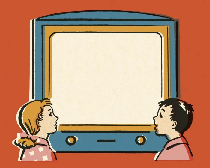 Framed Print : Boy and Girl Looking at a Television Screen