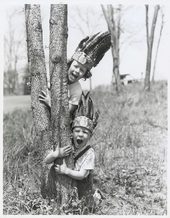 Framed Print : Boy and Girl Playing Indians Outdoors Framed Print : Boy and Girl Playing Indians Outdoors