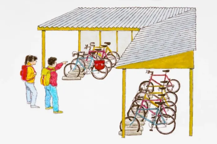 Framed Print : Boy and girl standing outside bicycle shelter