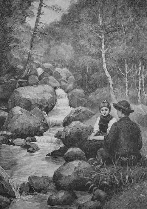 Framed Print : Boy and girl at the torrent fishing with a primitive rod, Germany, 1899, Historic, digital reproduction of an original 19th-century painting, original date unknown Framed Print : Boy and girl at the torrent fishing with a primitive rod, Germany, 1899, Historic, digital reproduction of an original 19th-century painting, original date unknown