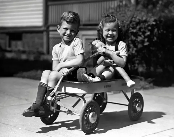 Framed Print : Boy & girl on wagon Framed Print : Boy & girl on wagon