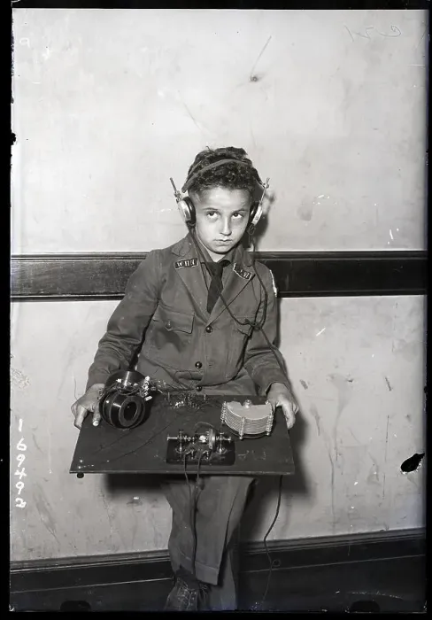 Framed Print : Boy Operates First Radio Built Shown Framed Print : Boy Operates First Radio Built Shown