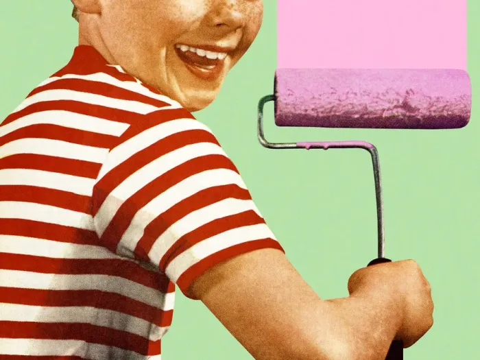 Framed Print : Boy with Pink Paint and a Roller Framed Print : Boy with Pink Paint and a Roller
