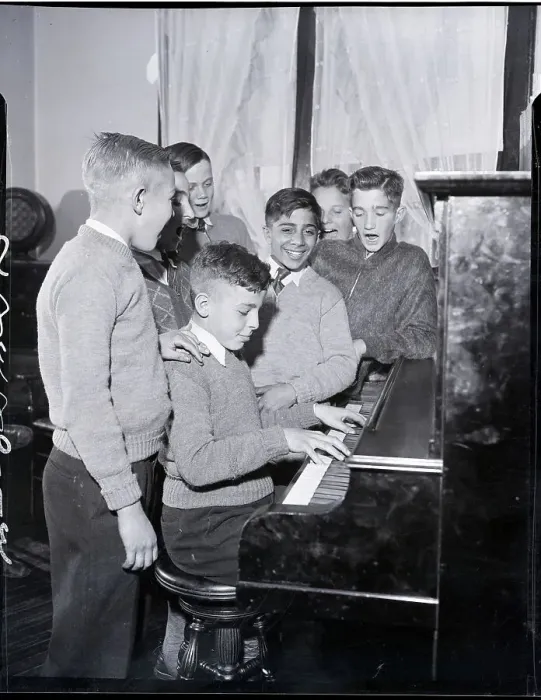 Framed Print : Boy Plays Piano Boys Sing Around Him Framed Print : Boy Plays Piano Boys Sing Around Him