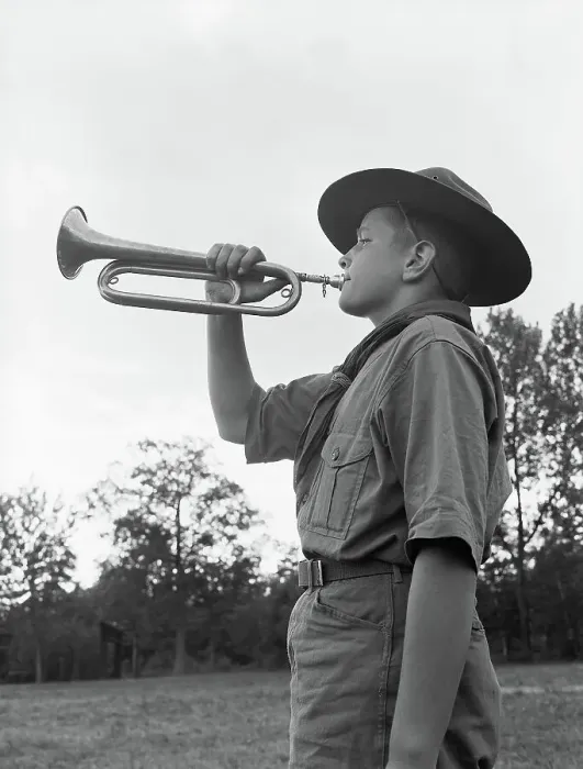 Framed Print : Boy Scout Bugling on a Field Framed Print : Boy Scout Bugling on a Field