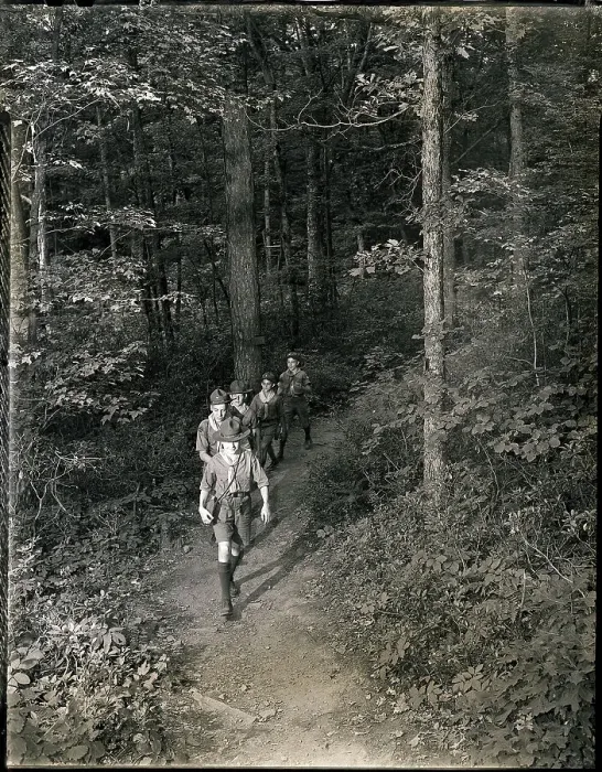 Framed Print : Boy Scouts Hiking on Wooded Trail