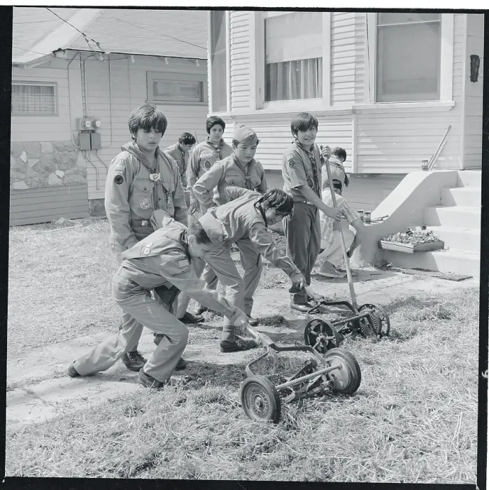 Framed Print : Boy Scouts Mowing a Lawn Framed Print : Boy Scouts Mowing a Lawn