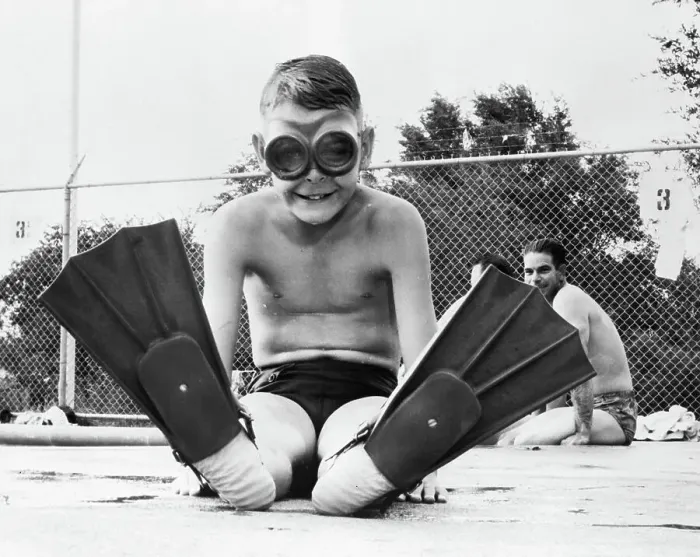 Framed Print : Boy Seated In Swimming Goggles & Fins Framed Print : Boy Seated In Swimming Goggles & Fins