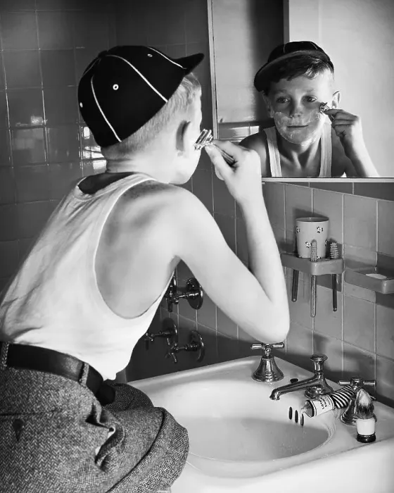 Framed Print : Boy Shaving at Mirror Framed Print : Boy Shaving at Mirror