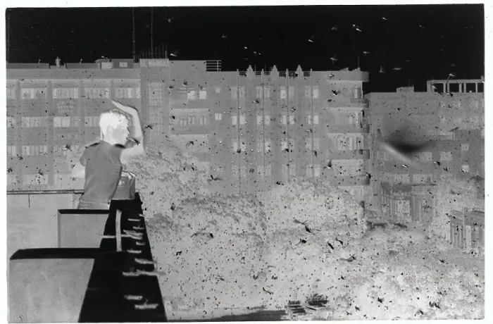 Framed Print : Boy Standing on Balcony in Locust Swarm