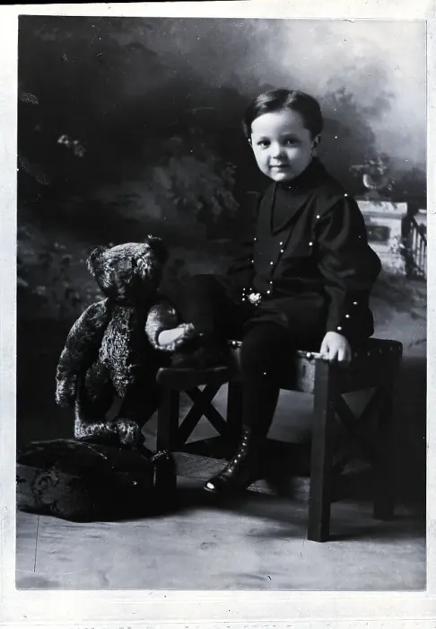 Framed Print : Boy on Stool Beside His Teddy Bear Framed Print : Boy on Stool Beside His Teddy Bear