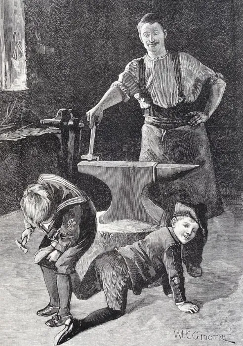 Framed Print : Boy studs his friends shoes at the farrier, just for fun in the horse position