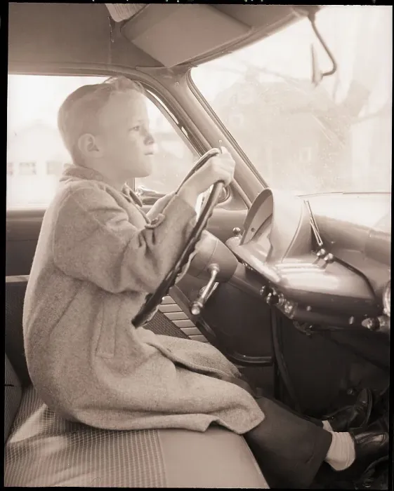 Framed Print : Boy at Wheel of Auto Framed Print : Boy at Wheel of Auto