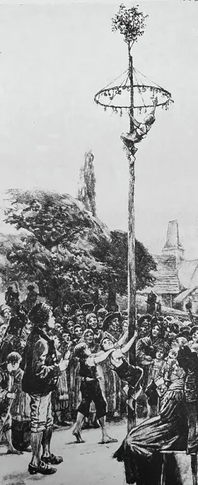 Framed Print : Boys climb the maypole, a happy custom with spectators Framed Print : Boys climb the maypole, a happy custom with spectators
