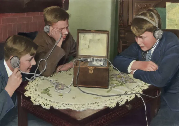 Framed Print : Three Boys Listening With Earphones, 1927 Framed Print : Three Boys Listening With Earphones, 1927
