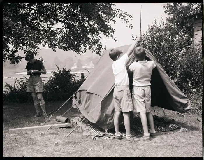Framed Print : Boys Pitching a Tent Framed Print : Boys Pitching a Tent
