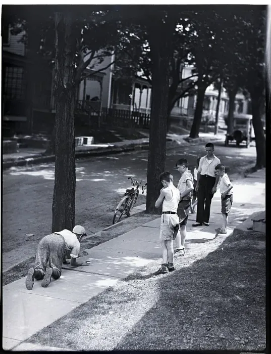 Framed Print : Boys Play Marbles On The Sidewalk