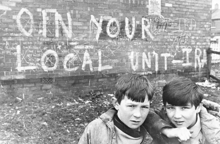 Framed Print : Boys Play Near Graffitied Wall in Belfast Framed Print : Boys Play Near Graffitied Wall in Belfast