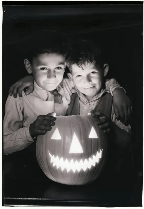 Framed Print : Boys Posing with Jack-O-Lantern Framed Print : Boys Posing with Jack-O-Lantern