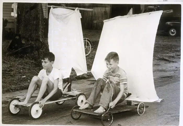 Framed Print : Boys Racing Their Sailmobiles on Street Framed Print : Boys Racing Their Sailmobiles on Street