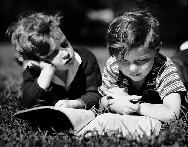Two boys reading outdoors
