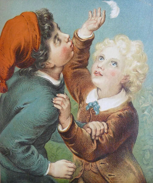 Two boys trying to catch a flying feather