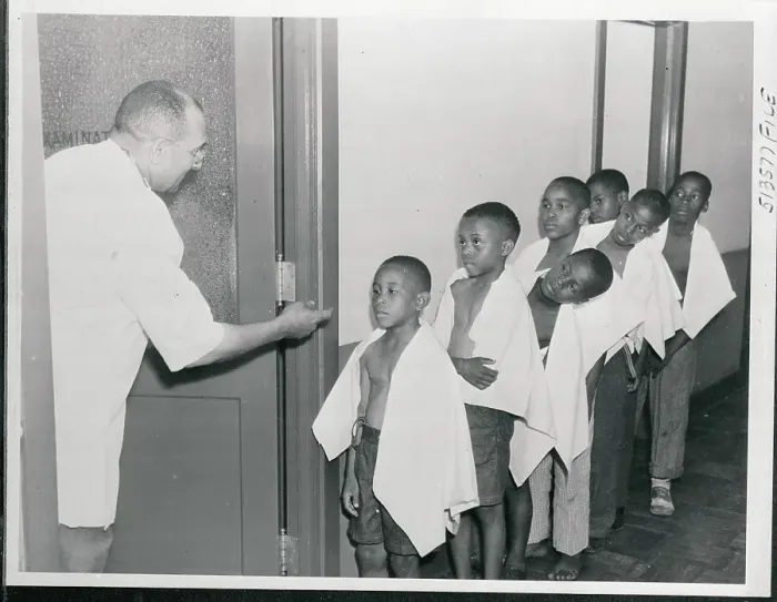 Framed Print : Boys Waiting for Physical Examination Framed Print : Boys Waiting for Physical Examination