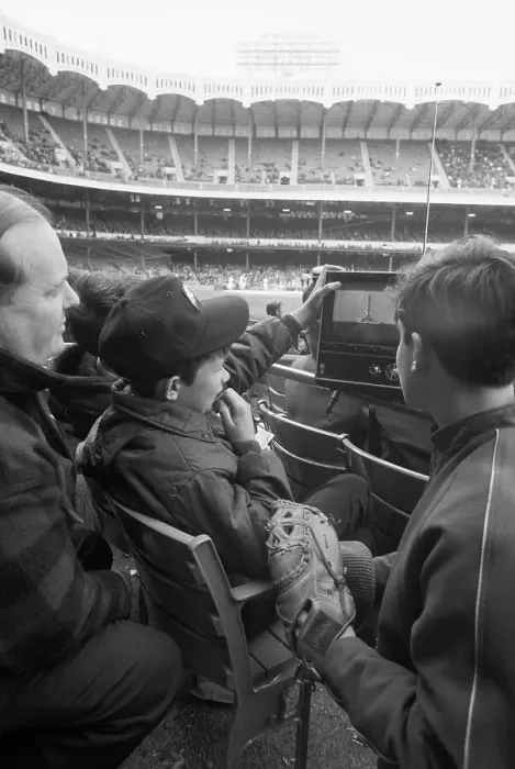 Framed Print : Boys Watch Portable TV at Baseball Game Framed Print : Boys Watch Portable TV at Baseball Game