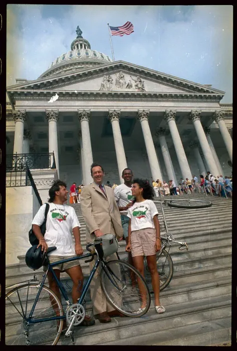 Framed Print : Bill Bradley Standing with Bike