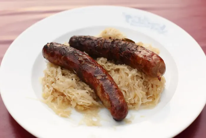 Framed Print : Bratwurst with sauerkraut, Lower Franconia, Franconia, Bavaria, Germany, Europe